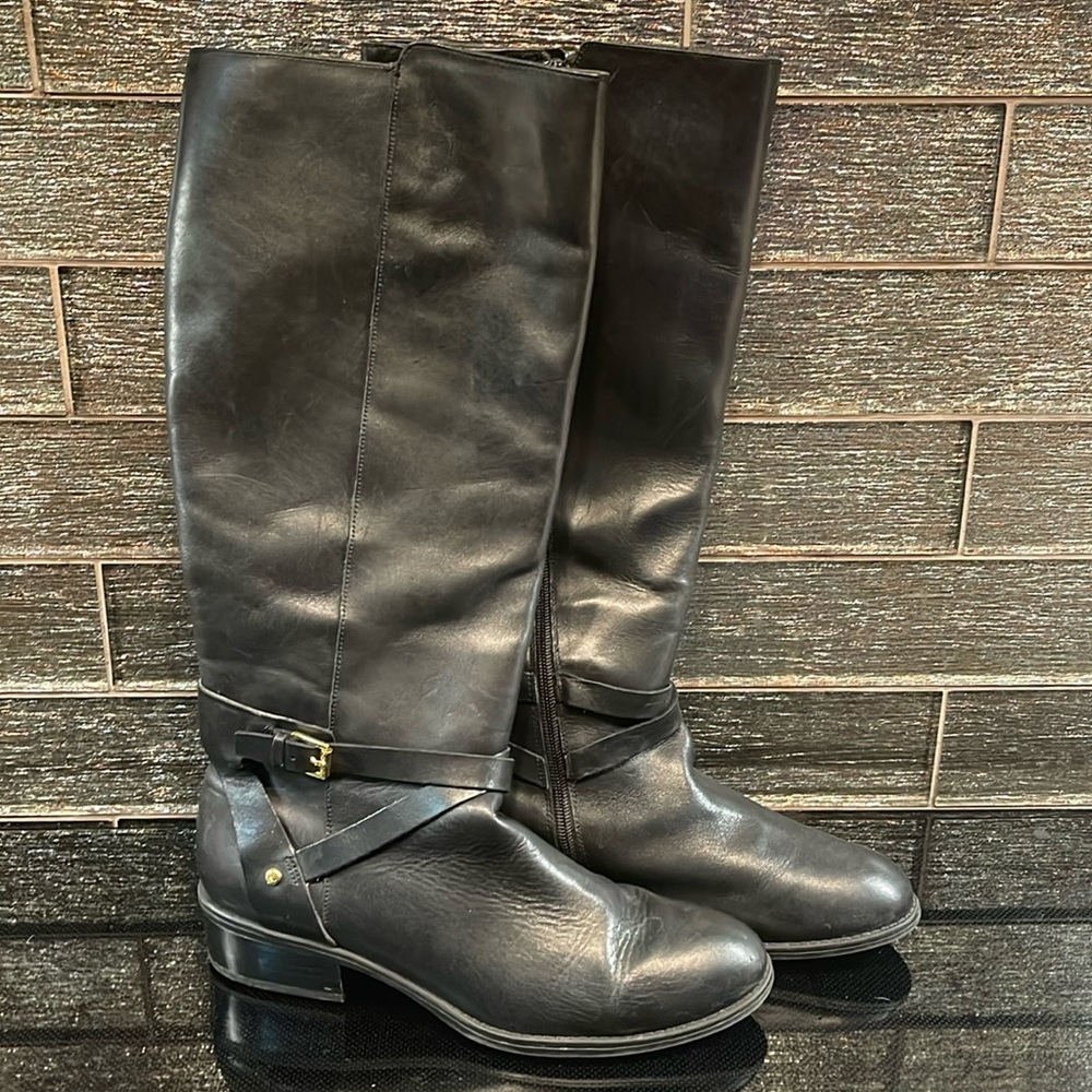Ralph Lauren Boots Knee High Miriah Black Leather Boot Gold 9.5 - Picture 2 of 12